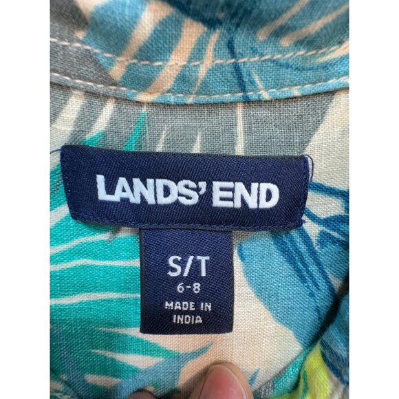 Lands End Womens Linen Button Up Shirt Size ST Green Tropical Long Sleeve Casual - Picture 2 of 12